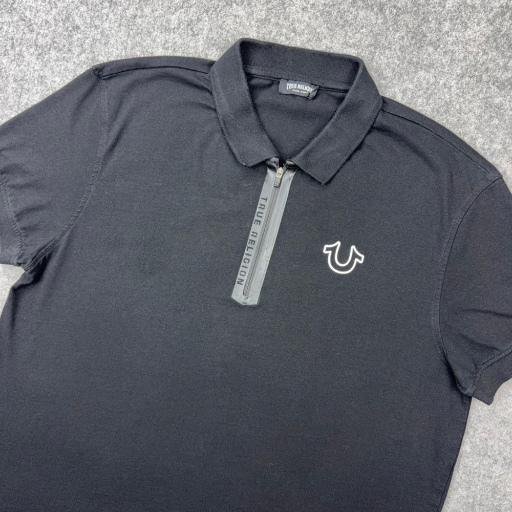 True Religion Shirt Mens XL Black Logo Zipper Tape Polo Horseshoe Short Sleeve